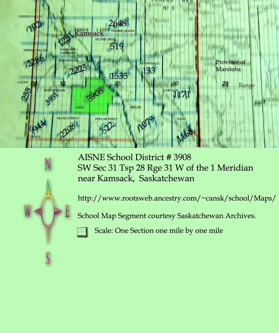 Map AISNE School District # 3908 SW Sec 31 Tsp 28 Rge 31 W of the 1 Meridian, near Kamsack  